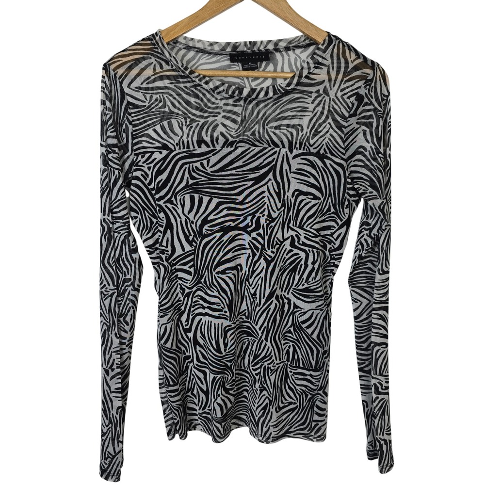 Sanctuary Womens Zebra Print Sheer Mesh Long Sleeve Top Black White M